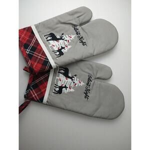 Oven Mitts Silent Night Deer Tree Themed Grey Plaid Winter